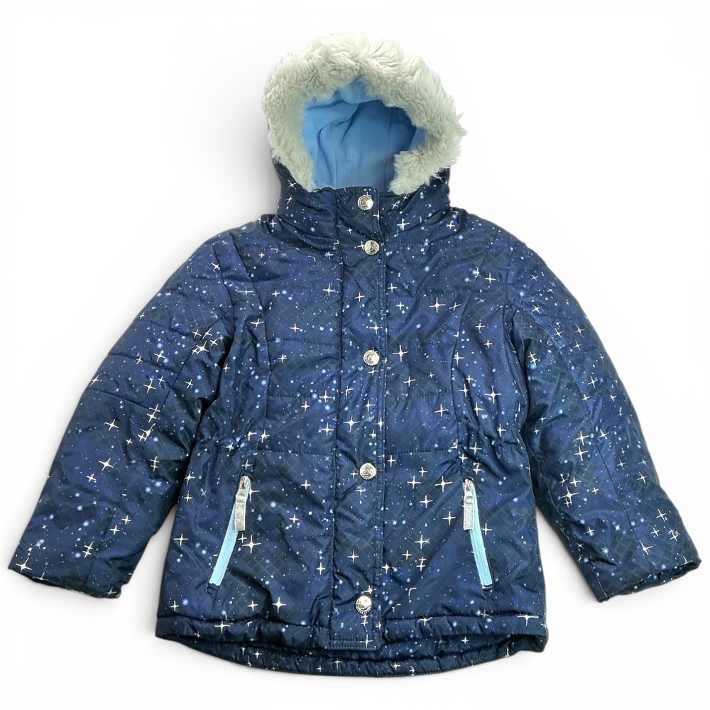 ZeroXposur Navy Galaxy Puffer Jacket Kids Size 7/8 Faux Fur Hood Star Print